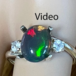 Necklace or Ring Natural Ethiopian Fire Opal 2 Accent Gems Dark Grey/ Solid Sterling Silver / 1.62 Ct 10.07 x 8.17 x 3.90mm Superior Opal