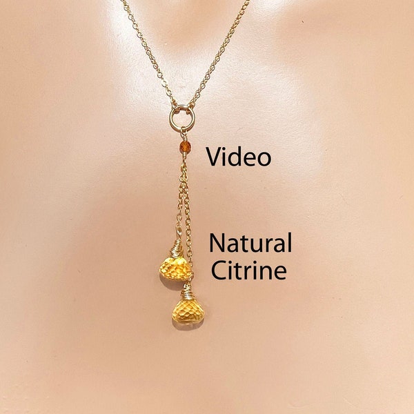 Natural Citrine Y Necklace / Extremely Clear about 2 Carat 8.5 mm to 9 mm Citrine / Rich Deep Yellow / Sterling Silver / November Birthstone