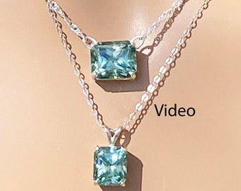 Radiant Moissanite Green to Blue Color Changing June Necklace /Sterling Silver / 1 to 7 Ct Radiant Cut Superior Sparkle 6 to 12 mm Long