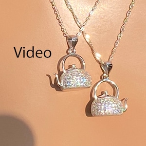 Fancy Teapot Necklace / Chain Choice Sterling Silver / Sterling Teapot Pave CZ / Tea Kettle / Tea Pitcher / Tea Party Favor / Dangle 1 Inch
