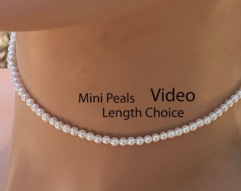 Mini Seed White Pearls Necklace/ Perfect Round Shell Pearls / 3 mm or 1/8 inch Crushed Shell Pearl / 14 to 23 inch / Sterling or Gold
