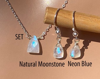SET Neon Blue Moonstone Gems / Necklace & Earrings / Neon Baby Blue /June Birthstone Color Changing/ 3/8 x 1/4 inch wide Natural Moonstone