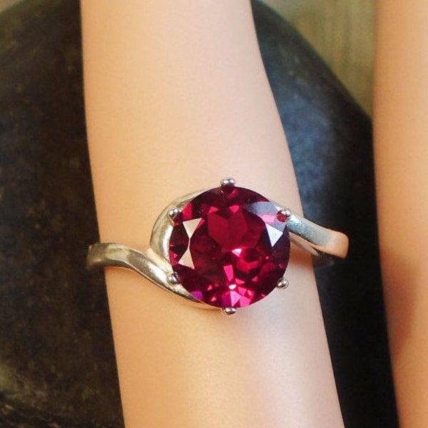Best Red Ruby July Birthstone Ring, Crescent Sterling Silver, 2.25 Carat  Round 8 mm x 6 mm Superior VVS Natural Red Ruby, July Gem