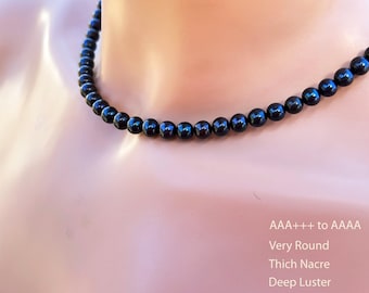 Superior Natural Black Freshwater Pearl Necklace/ AAAA Round 6 to 6.35 mm or 1/4 inch bright Black /Sterling Silver or Gold Filled/ Unisex