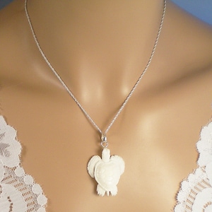 3 D Sea Turtle Carved Buffalo Bone / White Cream Bone/ Sterling Silver / 3-D Carving Detail Carving Front & Back / Unique One of a Kind