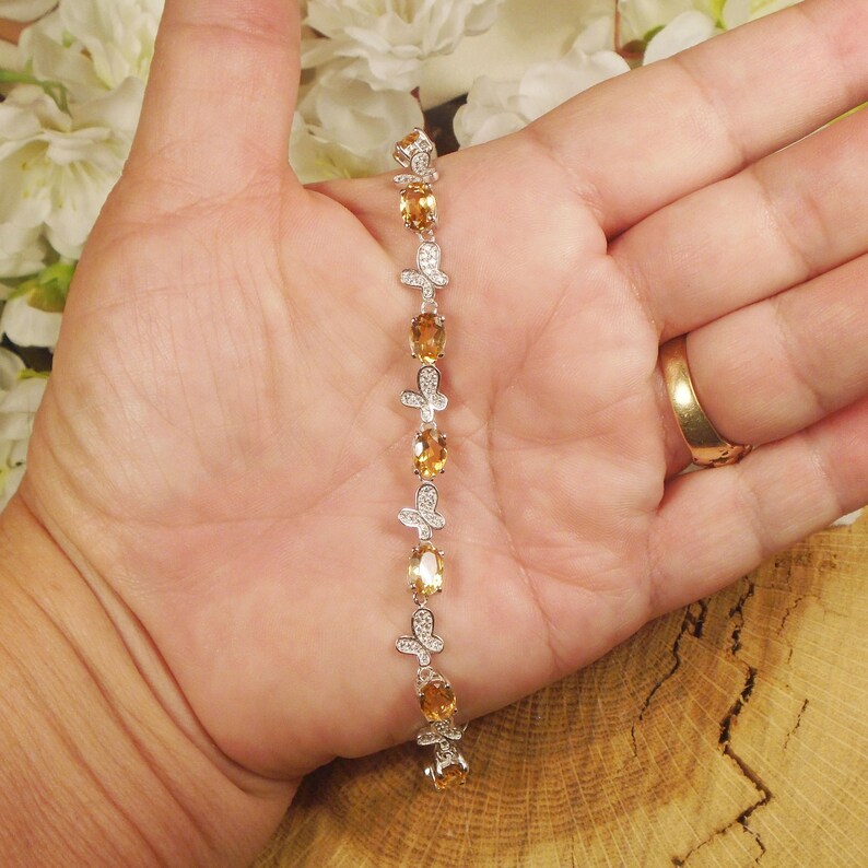 Golden Citrine Gem Butterfly Bracelet Anti-tarnish Sterling Silver November Birthstone 6.80+ Carat Nineteen 7 x 5.1 mm Natural Citrine
