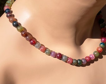 Collier veiné de dragon naturel/ veines transparentes multicolores/ 8,3 à 8,5 mm Pierre de veine de dragon naturelle/argent sterling/or rose ou jaune 14 carats rempli