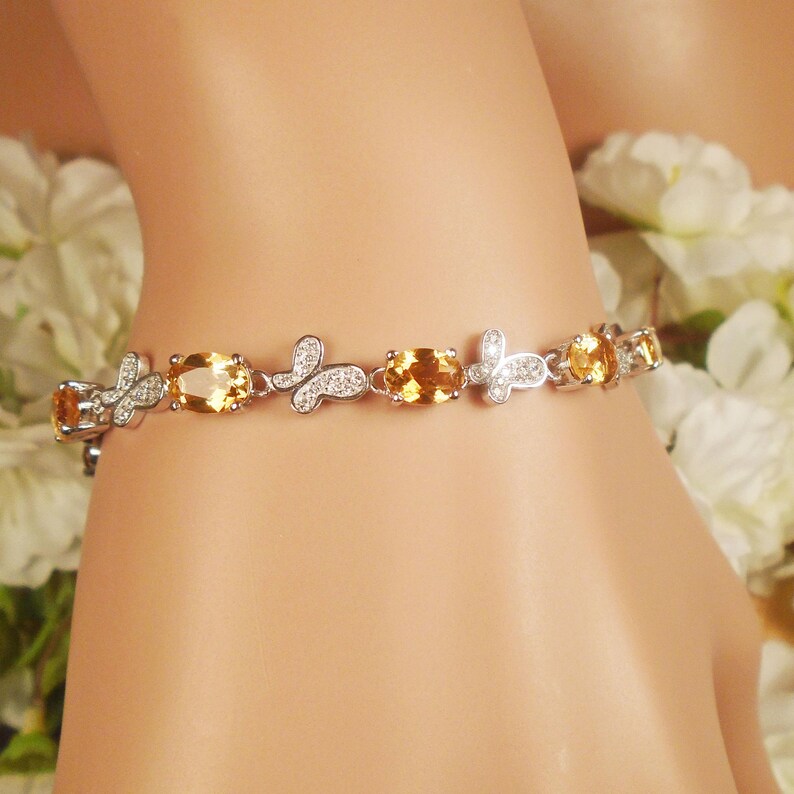 Golden Citrine Gem Butterfly Bracelet Anti-tarnish Sterling Silver November Birthstone 6.80+ Carat Nineteen 7 x 5.1 mm Natural Citrine