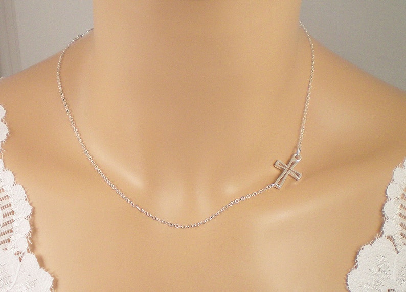 Sideways Cross Necklace, Sterling Silver Sideways Cross Necklace, Fine Sterling Silver Chain, Layered Look image 3