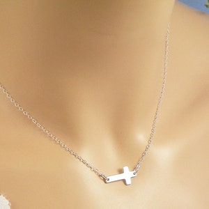 Sideways Cross Necklace, Sterling Silver Sideways Cross Necklace, Fine Sterling Silver Chain, Layered Look image 1