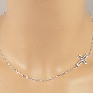 Sideways Cross Necklace, Sterling Silver Sideways Cross Necklace, Fine Sterling Silver Chain, Layered Look image 2