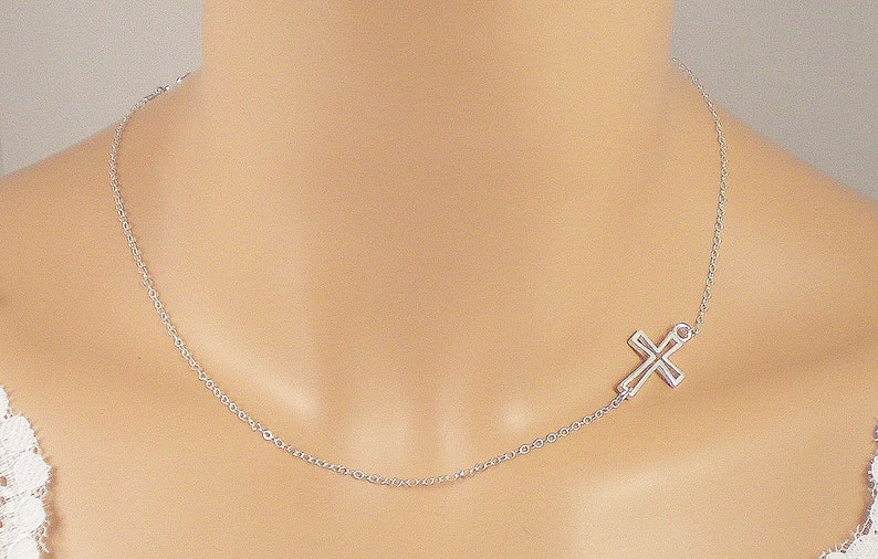 Sideways Cross Necklace, Sterling Silver Sideways Cross Necklace, Fine Sterling Silver Chain, Layered Look image 2