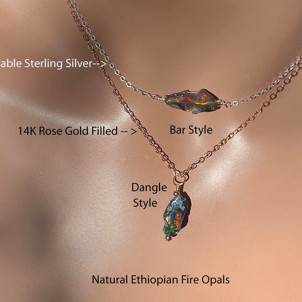 Raw Ethiopian Fire Opal Nugget Necklace / Black Opals / Sterling Silver/ Rose Gold Filled / Gold Filled / Rough Polish Natural Fire Opal