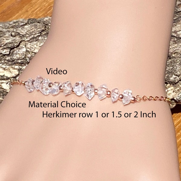 Petit bracelet Herkimer diamants bruts minuscules de 5 mm/facettes lisses doubles pointes très clairs/or rose ou jaune 4 carats, argent sterling au choix