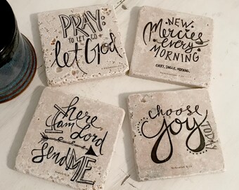 Set of 4 Absorbent Stone Drink Coasters with Funny Sayings 4 Unique Designs Natural White Travertine Perfect Gift for a Beer Lover