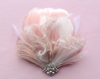Blush Pink Feather Bridal Headpiece, Rhinestone Fascinator, Ivory Ostrich Peacock Feathers,  Style 216