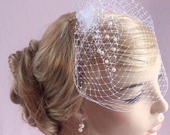 bridal birdcage veil with pearls, small birdcage, wedding bird cage veil, Russian veiling, ivory, beige, white, pink, silver, gold Style 612