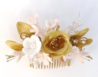 Bridal headpiece floral, bridal head piece flowers,  pink white gold wedding, clay flower hair comb, special occasion floral,  Style 364