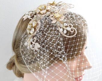 bridal birdcage veil with adornment, wedding small birdcage, wedding hair accessories, wedding bird cage veil, Russian veiling  Style 641