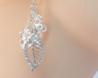 Silver crystal wedding earrings, crystal leaf bridal earrings, drop earrings, dangle earrings, Style 151-s