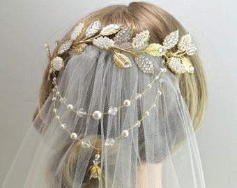 Crystal bridal headpiece, crystal wedding head piece, gold bridal headpiece,  crystal pearl wedding hair piece Style 359