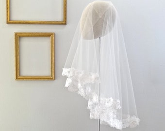 Wedding veil, blusher veil with lace, ivory drop veil, bridal veil, tulle veil, white drop veil, drop veil with lace Style 814