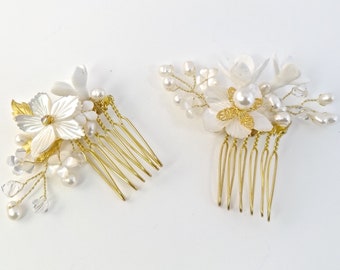 Gold bridal headpiece, wedding hair accessories, pair combs, 18k gold plate,  freshwater pearls, clay flowers, Style 367