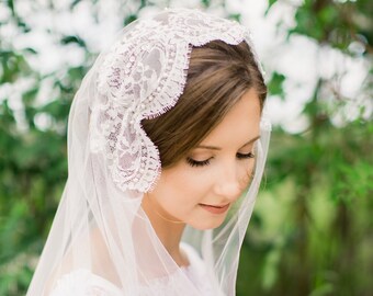 Wedding veil, Juliet veil, mantilla veil Chantilly  lace, heirloom wedding veil, embroidered wedding veil, English net veil Style 824