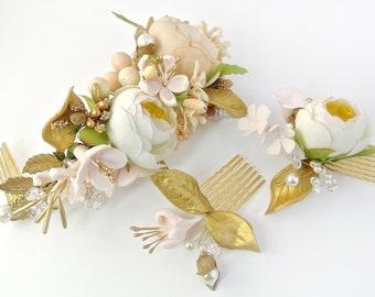 Bridal headpiece flowers set,  bridal head piece flowers combs,  pink ivory wedding, clay flower hair combs, special occasion  Style 363