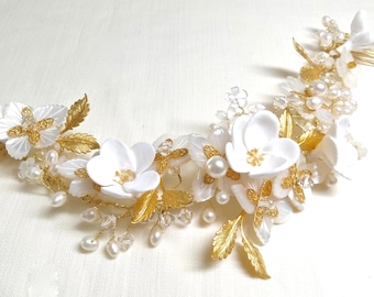 Bridal hair vine, crystals pearl headpiece, clay flowers, wedding hair accessories, wedding headpiece, bridal wreath, 18K leaves, Style 366