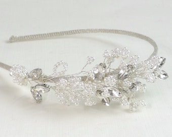 pearl bridal headpiece, crystal wedding headband, silver bridal headband, silver bridal crown, rhinestone headband  Style 373