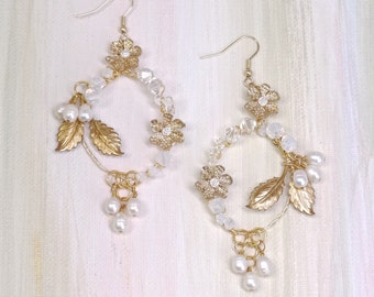 Gold wedding earrings, brides earrings, pearl crystal bridal earrings, Boho earrings, statement earrings, floral wedding earrings Style 128