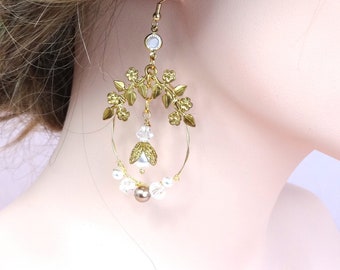 Gold wedding earrings, brides earrings, pearl crystal bridal earrings, Boho earrings, statement earrings, floral wedding earrings Style 126