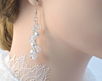 Crystal wedding earrings, silver brides earrings, Swarovski pearl crystal bridal earrings, dangle earring, bridesmaids earrings Style 137s
