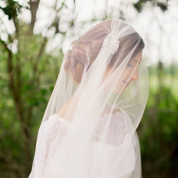 Bridal Juliet veil with blusher, English net juliet veil, dramatic wedding veil, heirloom Juliet cap veil,  ivory wedding veil Style 833