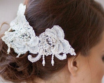 Bridal lace headpiece, Alencon Lace  headpiece, wedding lace hair piece,  wedding head piece headpiece, embroidered lace headpiece Style 236