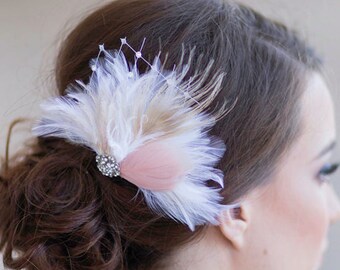 Bridal feather hair clip, blush pink / ivory wedding hair accessories,  wedding headpiece, bridal hair feather accessories Style 259