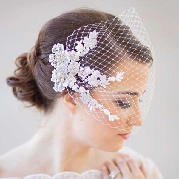 Bridal birdcage veil, bandeau veil, wedding birdcage veil, embroidered bridal veil lace, wedding veil lace,  bridal veil pearls  Style 628