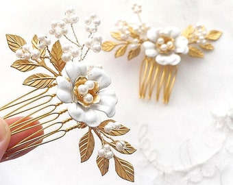 Gold bridal headpiece, gold wedding hair piece pair, pearl bridal hair comb,  wedding hair jewelry, gold bridal comb,  Style 346