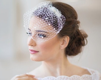 Mini birdcage veil with pearls, Petite Pearl  small bridal veil, wedding veil pearls, mini wedding veil, white ivory bridal veil,  Style 604