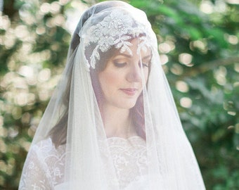 Juliet cap veil, Wedding veil with blusher, dramatic wedding veil, heirloom lace wedding veil, English net veil, wedding veil Style 811