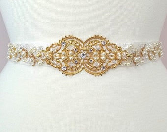 Bridal sash, belt, gold crystals pearls, gold wedding sash belt,  heirloom wedding, luxury wedding belt, wedding accessories, Style 511