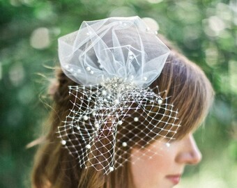 Pearl & Crystal Mini Birdcage Veil, Bridal Headpiece, Style 637