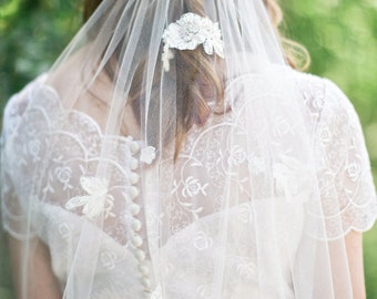 Wedding veil, Alencon lace bridal veil, waltz veil, veil with lace, embroidered veil, Heirloom wedding veil,  Style 815