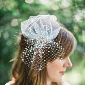 May include: A white bridal veil with pearl accents. The veil is made of a delicate tulle fabric and has a net-like pattern.