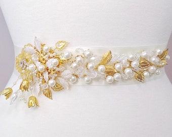 Bridal sash, belt, gold crystals pearls, 18K gold wedding sash belt, heirloom wedding, luxury wedding belt, wedding accessories, Style 510