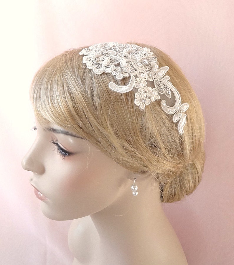 Bridal lace headpiece, lace crystal headpiece, bridal pearls hair accessory, wedding head piece Style 281 image 3