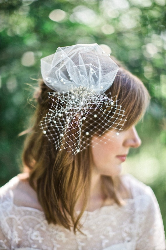 Mini Birdcage Veil With Pearls and Crystals, Sweet Whimsy Small