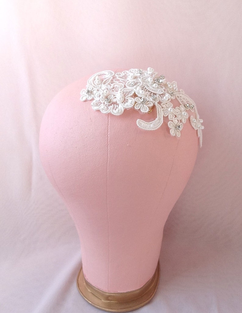 Bridal lace headpiece, lace crystal headpiece, bridal pearls hair accessory, wedding head piece Style 281 image 2