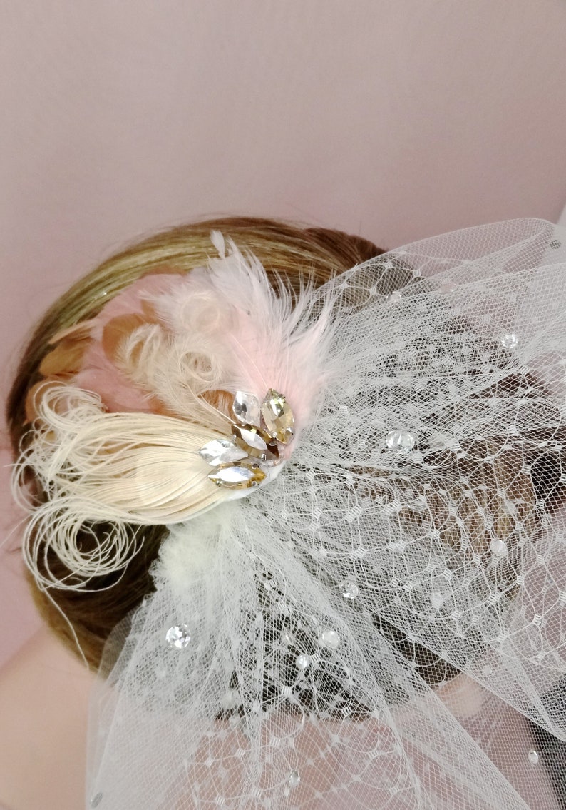 Casque de plume de mariée, accessoires de cheveux de mariage, casque de plume de mariage blush champagne, fascinateur de plume de mariée style 362 image 7